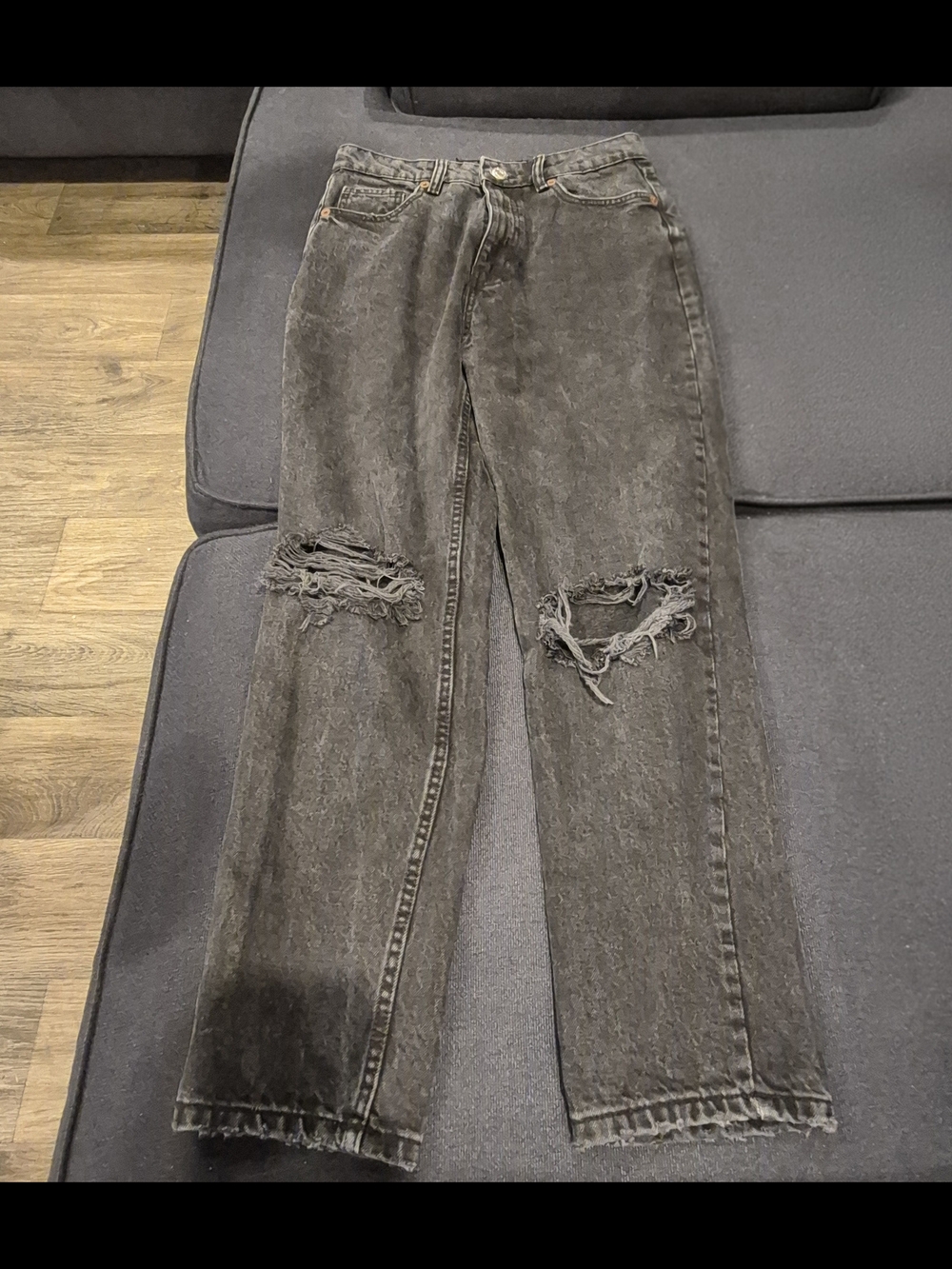 Zara Gray Black Washed Distressed Straight Jeans